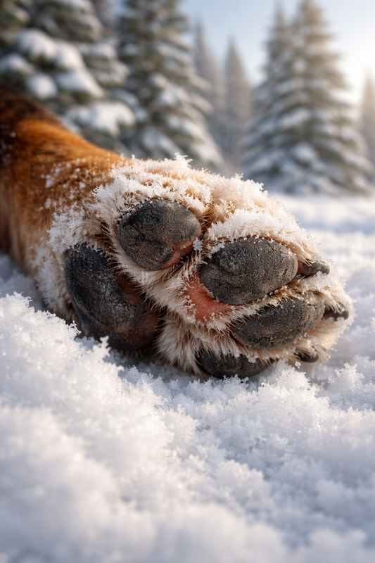 Dog paw covered in snow showing winter paw pad exposure in freezing weather